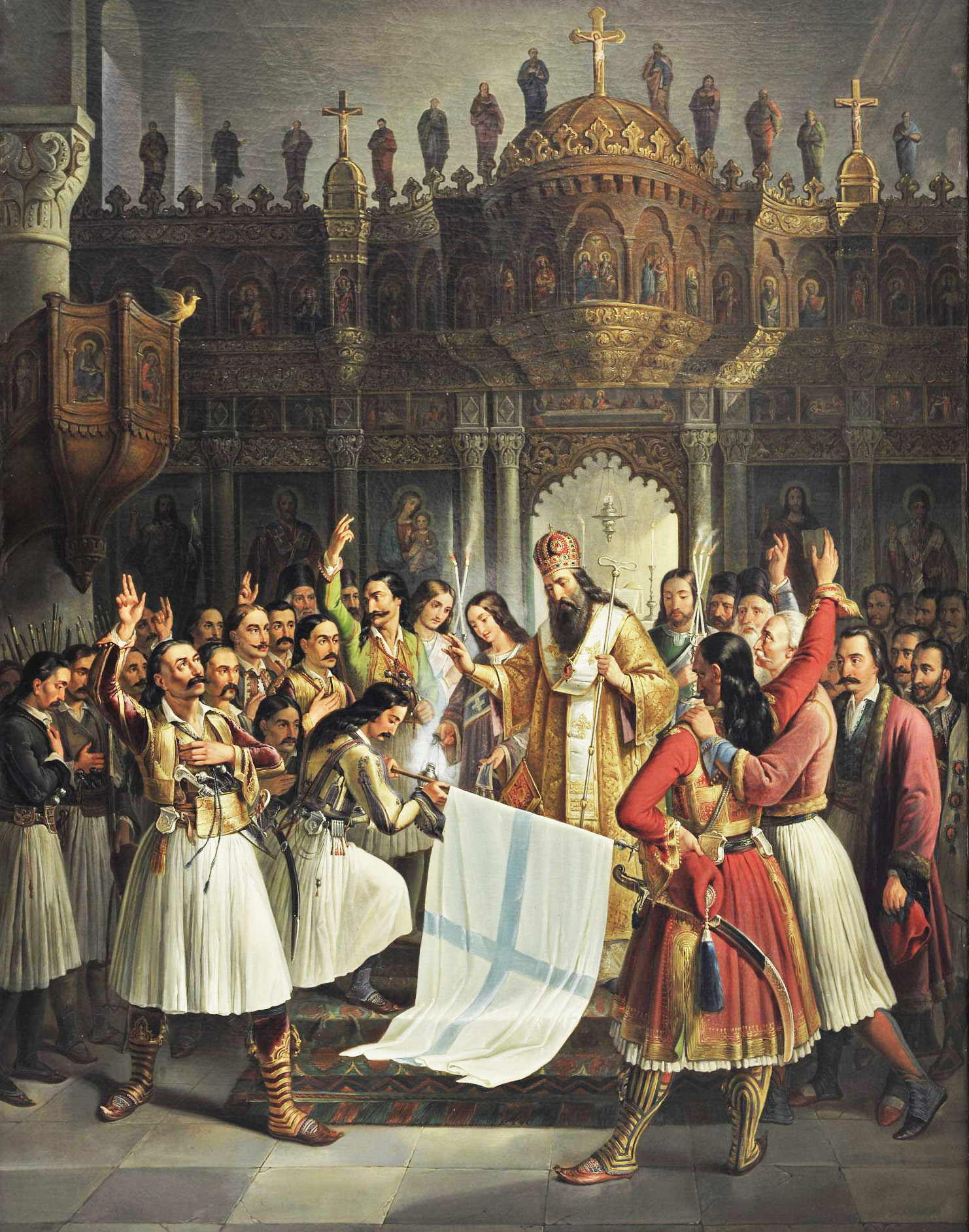 The Bishop of Old Patras Germanos Blesses the Flag of Revolution, 1865 Oil on canvas, by Vryzakis Theodoros (1819 - 1878)