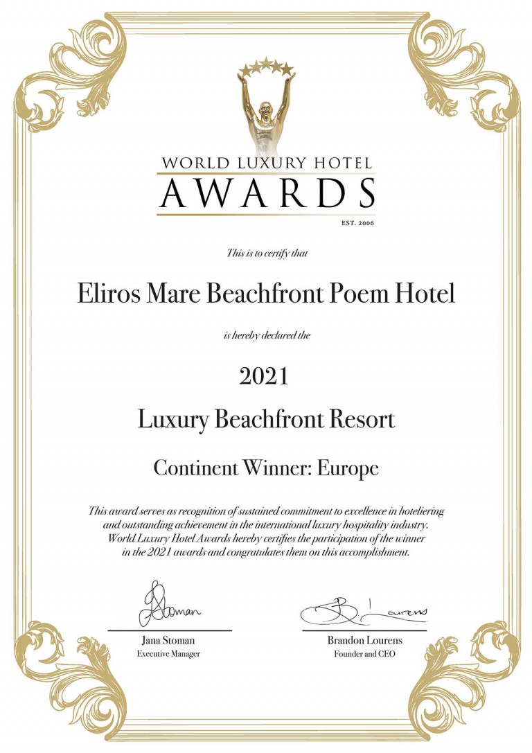 ELIROS MARE WINS “LUXURY BEACHFRONT RESORT” EUROPEAN AWARD AT WORLD LUXURY AWARDS 2021