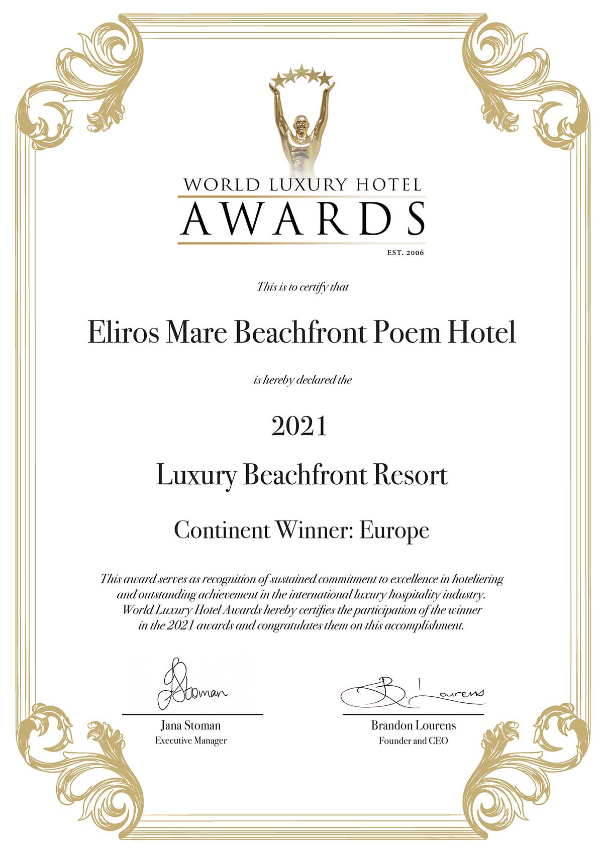 World Luxury Hotel Awards 2021 Certificate—Eliros Mare Hotel
